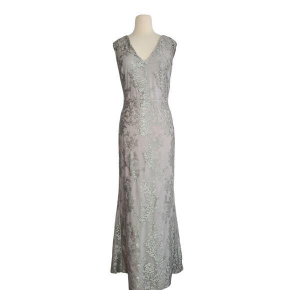 Lauren Ralph Lauren Evening Gown 12 Silver Gray Embroidered Mesh V-Neck Y2K NWT - Picture 3 of 16